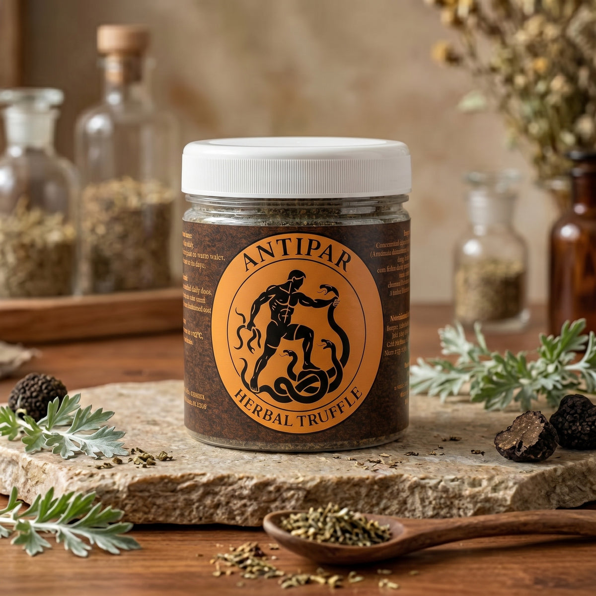 A jar of Antipar Herbal Truffle centered on a rustic stone slab with dried herbs, a wooden spoon, and glass bottles in the background.