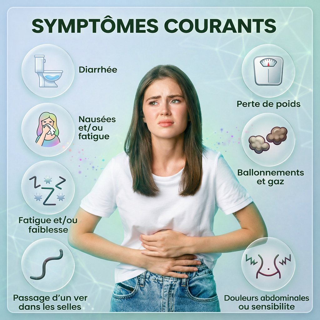 French informational graphic about acute symptoms, featuring a young woman clutching her stomach at the center, surrounded by illustrated icons and text listing diarrhea, weight loss, nausea and fatigue, bloating and gas, dehydration, and abdominal pain.