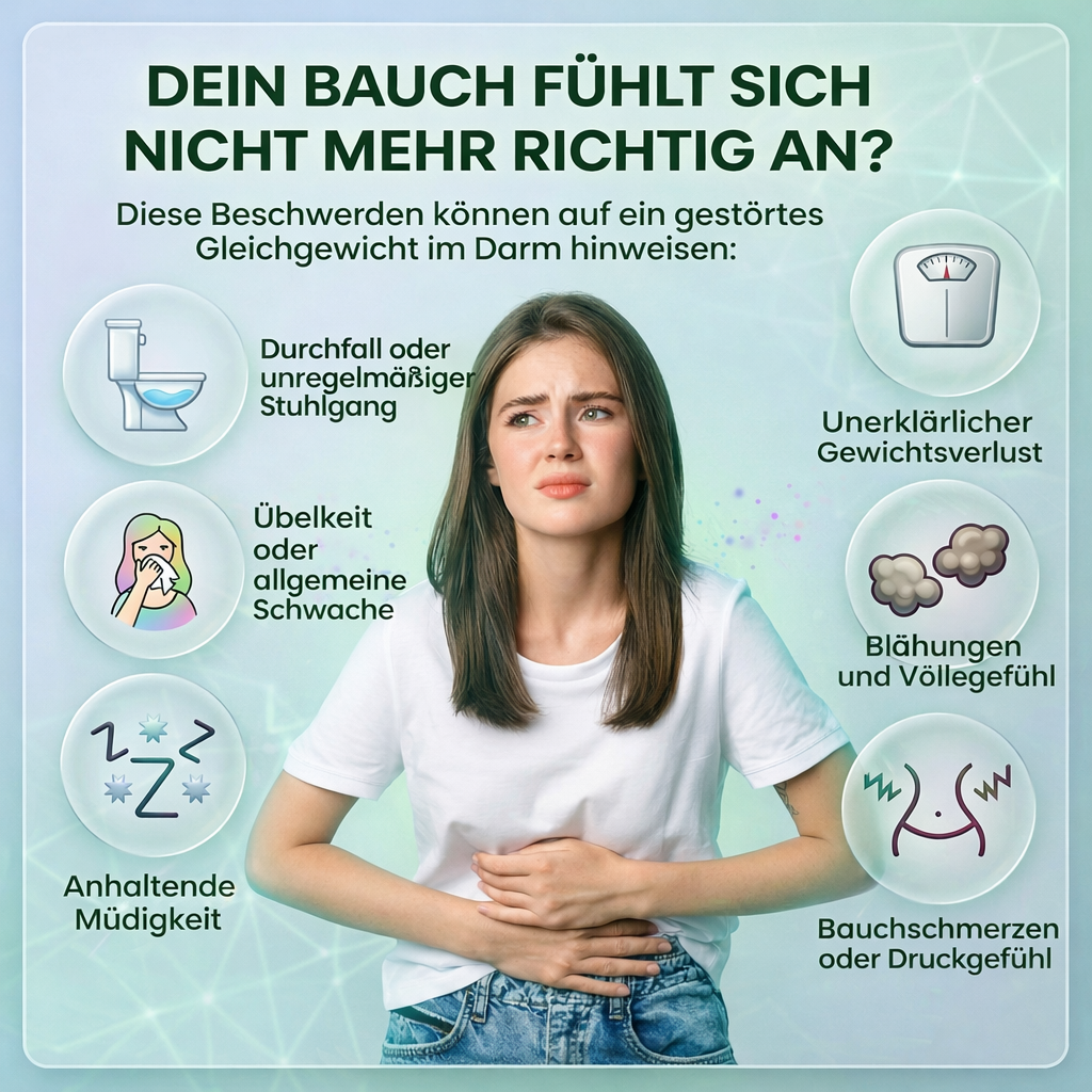 German informational graphic with a woman clutching her stomach, surrounded by icons and text about possible abdominal pain causes such as constipation, unintentional weight loss, diarrhea, fatigue, bloating, and abdominal pain.