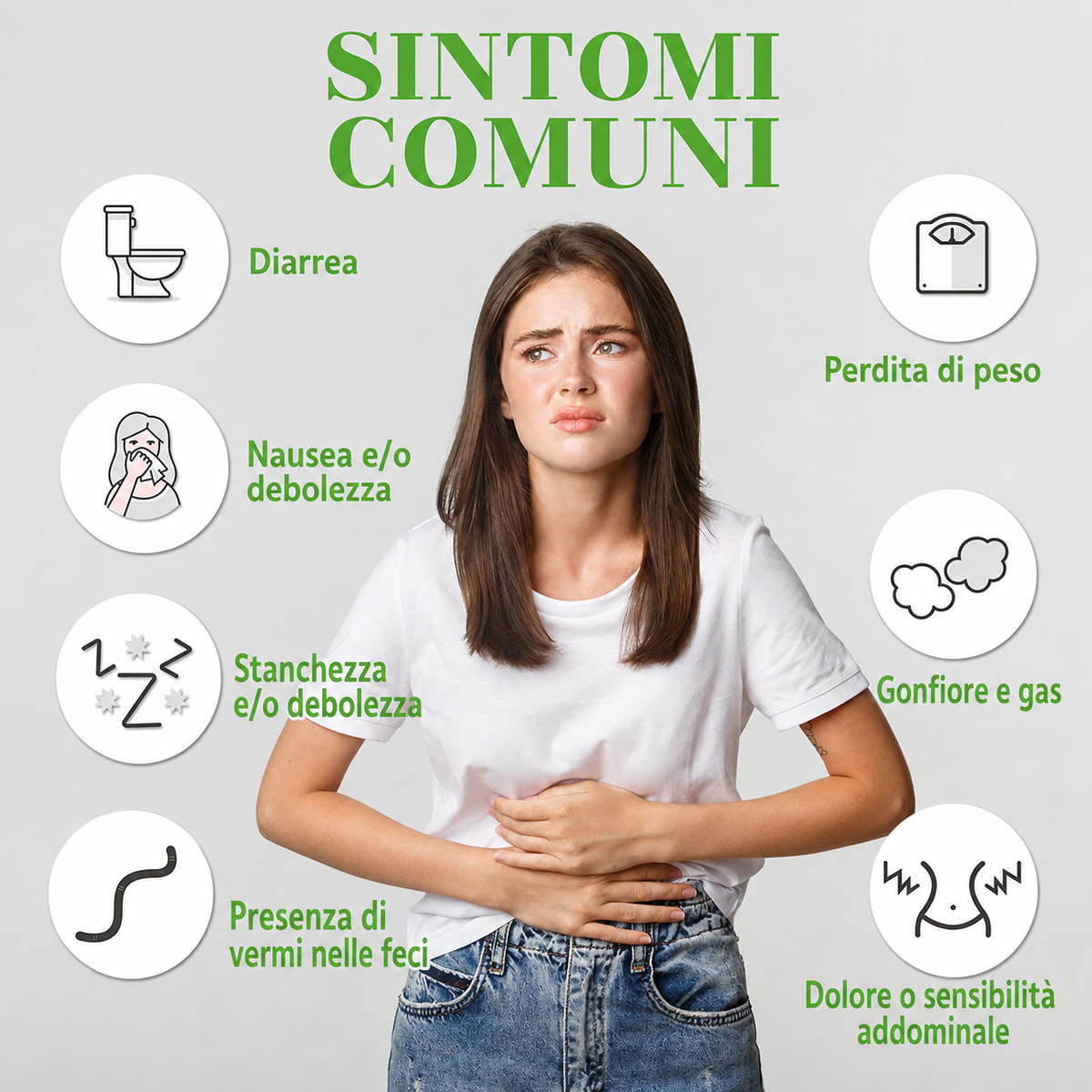 Italian informational graphic titled 'SINTOMI COMUNI' showing a young woman clutching her stomach, surrounded by icons and text listing common symptoms such as diarrhea, nausea, fatigue, and loss of appetite on a light gray background.