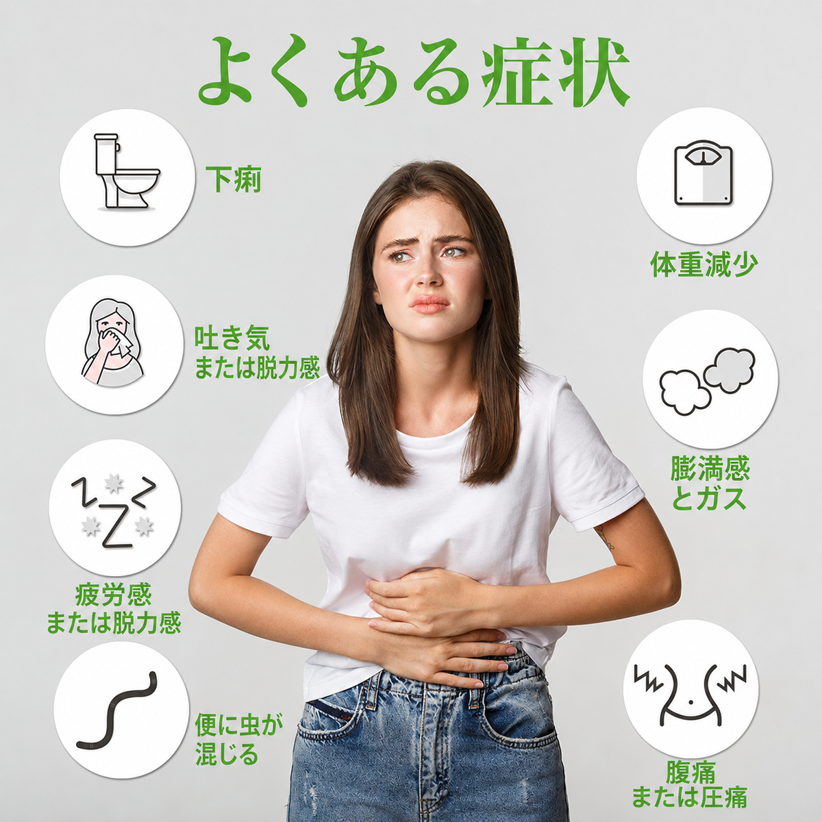 A woman in a white t-shirt and blue jeans holds her stomach with a concerned expression, set against a light gray background with green Japanese text and icons illustrating common symptoms of diarrhea.