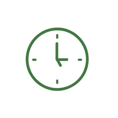 A simple green line icon of a clock face on a plain white background.