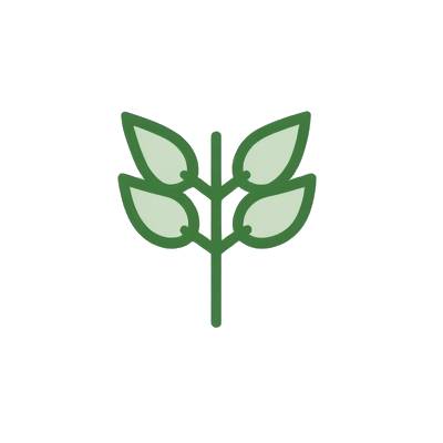 A simple green plant icon with four leaves on a light gray background.