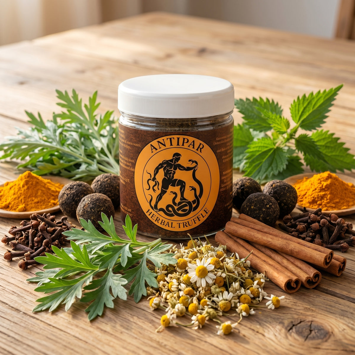 A jar of Antipar Herbal Truffle spice blend on a rustic wooden table, surrounded by its natural ingredients including turmeric powder, chamomile flowers, cinnamon sticks, cloves, and fresh herbs.