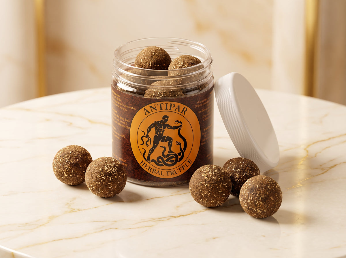 A clear jar of Antipar Herbal Truffles with its white lid leaning beside it, set on a light marble surface with several brown truffle balls scattered around. The label features a prominent orange circle with a black graphic of a figure and serpent.